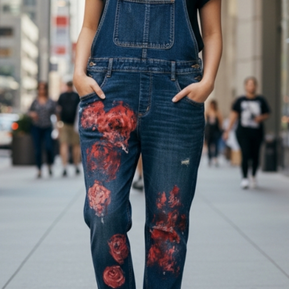 Arizona Jean Company Upcycled Denim Overalls Hand Painted with Abstract Roses